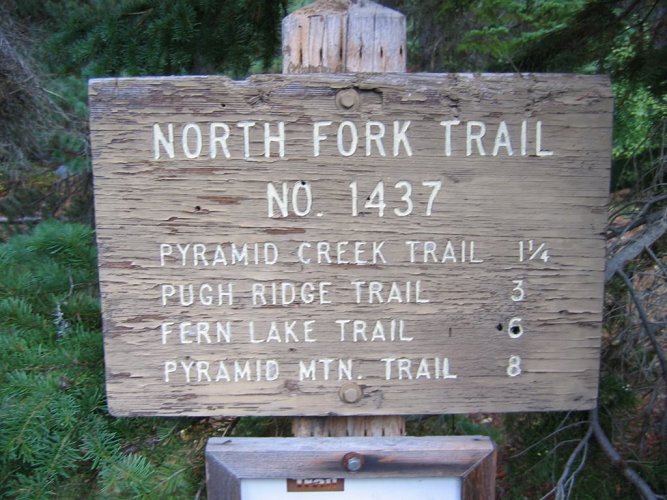 The trailhead was at 3900 feet.
The trail ran along the valley bottom for the first six miles to the Fern Lake trailhead.
My first overnight scramble and first use of my bivy sack was at Fern Lake, on a scramble to Choral peak.
Then the trail climbed steeply to the Pyramid Mtn junction, and finished with a moderate run through meadows to Emerald Basin, 6900 feet.